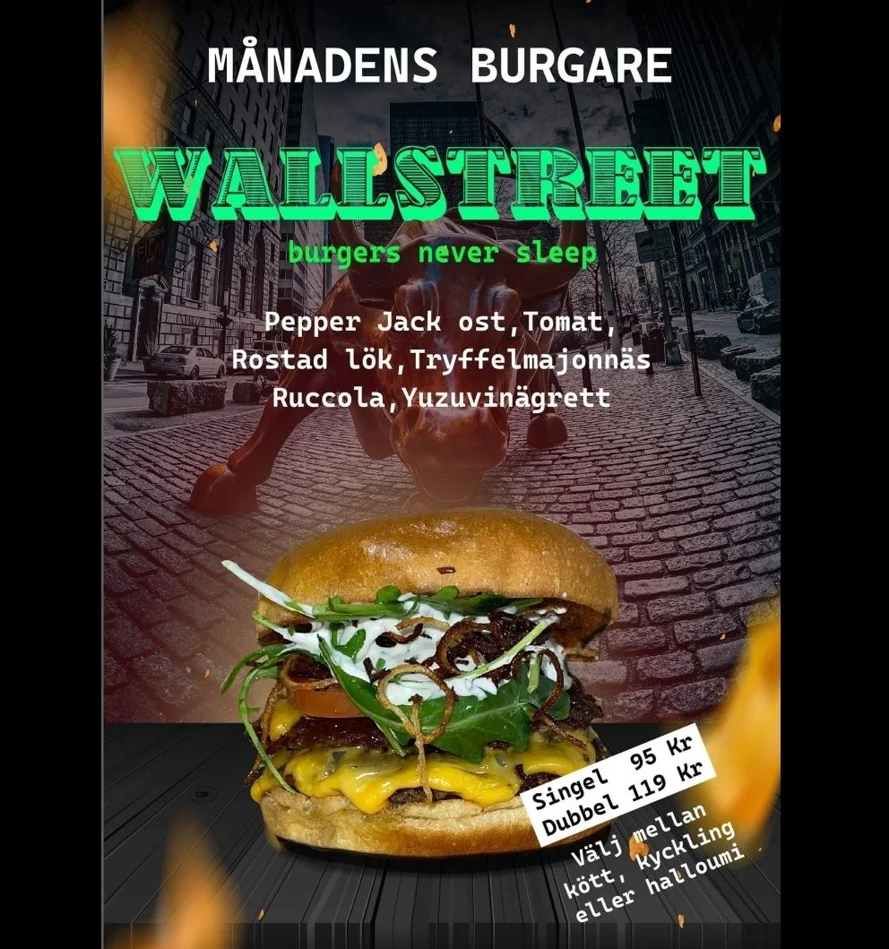 LÅT OSS PRESENTERA MÅNADENS BURGAREN:
"WALL STREET" ✨🤩
En smakrik blandning av lyxiga ingredienser som tillsammans skapar en ikonisk smak som kompletterar varandra 🤤
"WALL STREET"
- Pepper jack ost, Tomat, Roastad lök, Tryffel majonäs, Ruccola och egengjord Yuzuvinigrätt!
Kom in på nån av våra restauranger och prova själv! Finns endast under mars! 😱
Välkommen in! 🍔